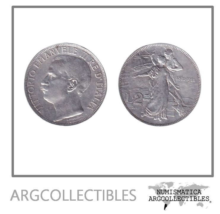 Italia Moneda 2 Liras 1911 R Plata 835 Vittorio Emanuele III KM-52 XF