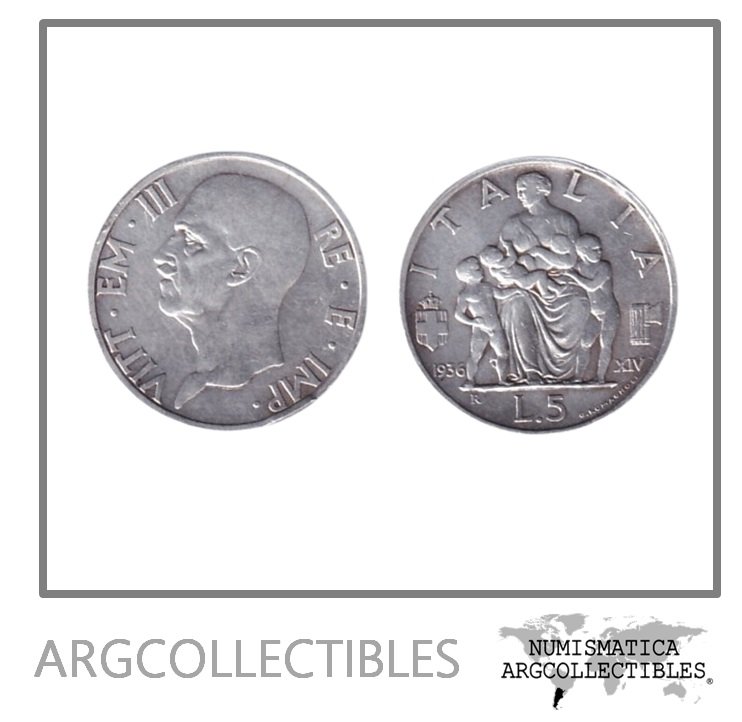 Italia Moneda 5 Liras 1936 R Plata 835 Vittorio Emanuele III KM-79 XF-