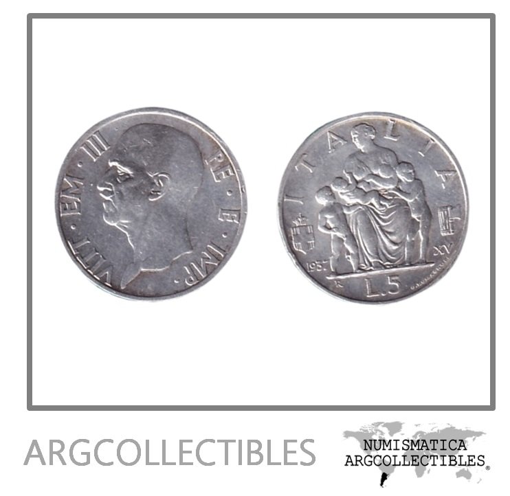 Italia Moneda 5 Liras 1937 R Plata 835 Vittorio Emanuele III KM-79 XF