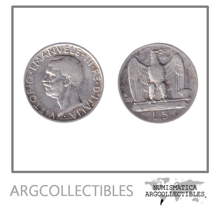 Italia Moneda 5 Liras 1926 R Plata 835 Vittorio Emanuele III KM-67.1 VF+