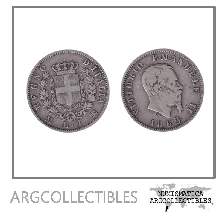 Italia Moneda 1 Lira 1863 MBN Plata 835 Vittorio Emanuele II KM-5a VF