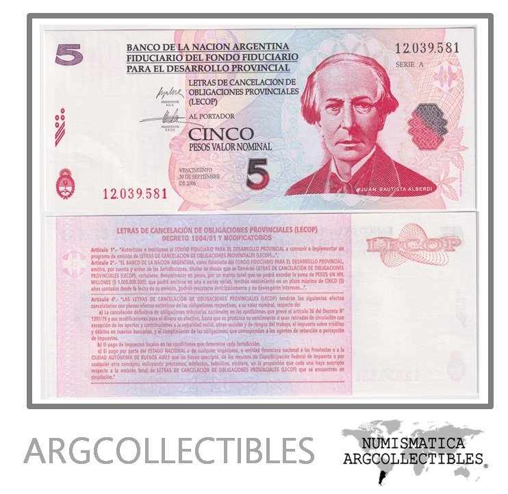Argentina Billete 5 Pesos 2001 EC-203 UNC (Lecop)