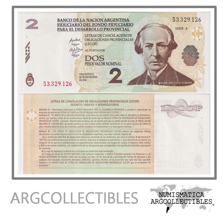 Argentina Billete 2 pesos 2001 EC-200 UNC (Lecop)