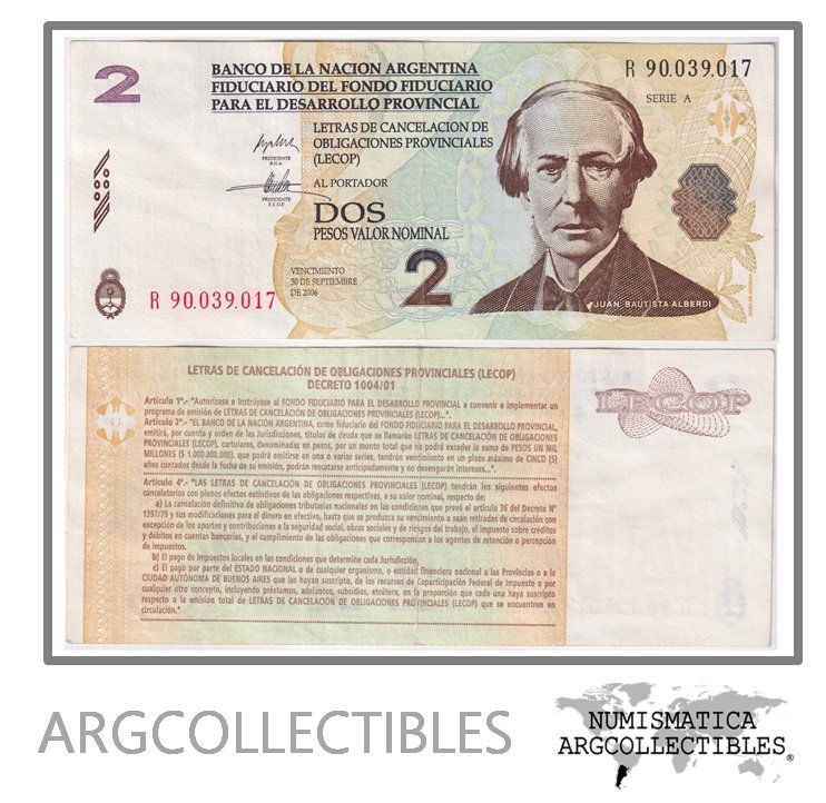 Argentina Billete 2 pesos 2001 EC-200R VF+ (Lecop) (Reposicion)