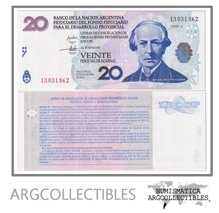 Argentina Billete 20 pesos 2001 EC-206 UNC (Lecop)