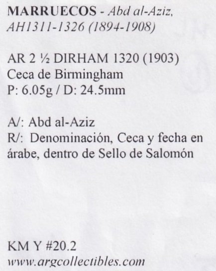 Marruecos Moneda AR 2 1/2 Dirham 1320 Abd al-Aziz, KM Y-20.2 - Imagen 2