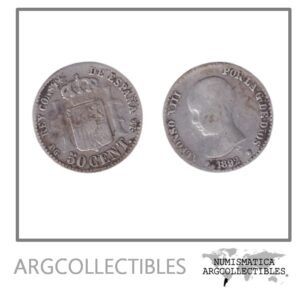 España Moneda 50 Centimos 1892 PG-M Plata 835 Rey Alfonso XIII KM-690 F+