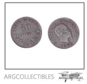Italia Moneda 50 Centesimos 1863 MBN Victorio Emanuele II Plata 835 KM-14.1 VF+