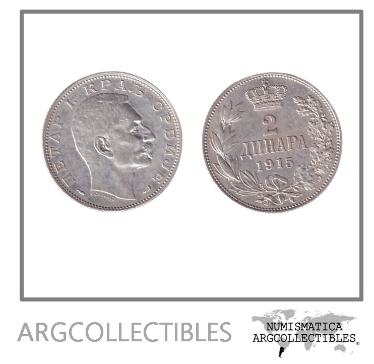 Serbia Moneda 2 Dinars 1915 Plata 835 Pedro I KM-26 XF