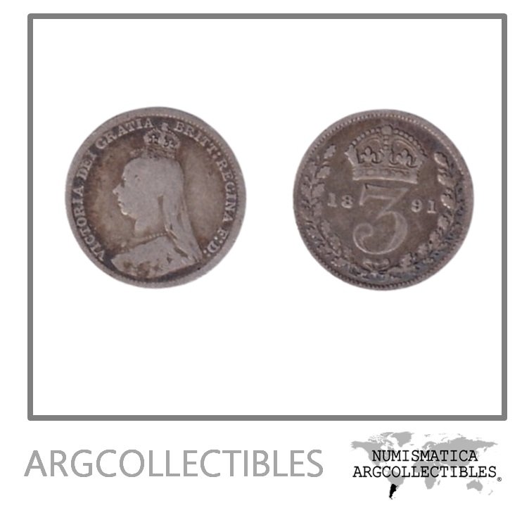 Inglaterra Moneda 3 Pence 1891 Plata 925 Reina Victoria KM-758 VF