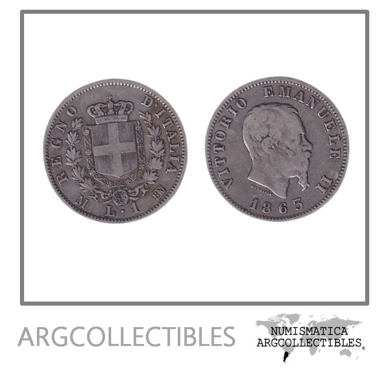 Italia Moneda 1 Lira 1863 MBN Plata 835 Victorio Emanuele II KM-5a.1 F+