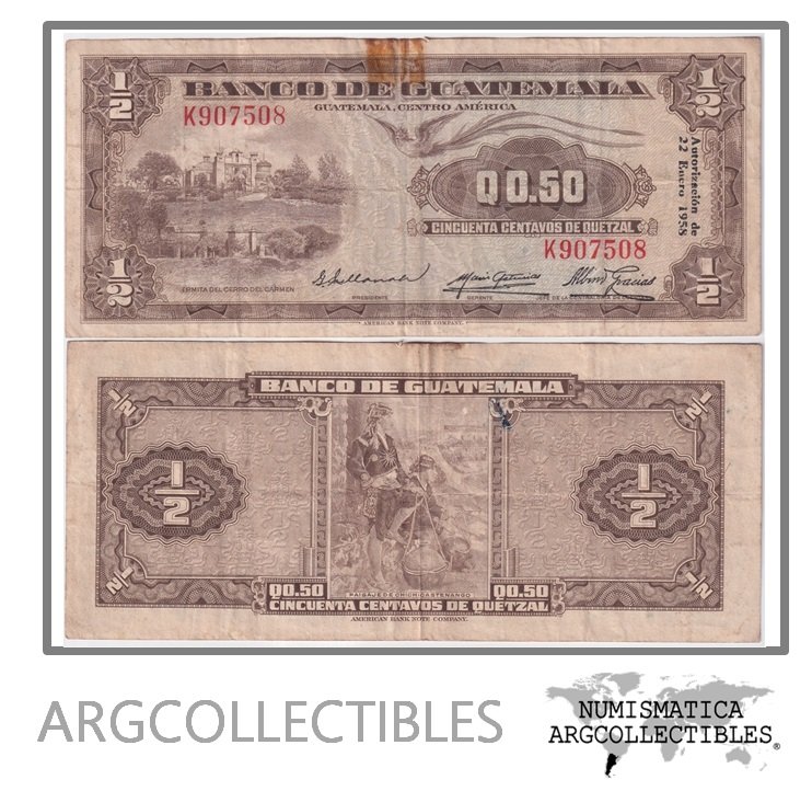 Guatemala Billete 50 Centavos 1958 P-35 VF (Serie K) (Pegote)