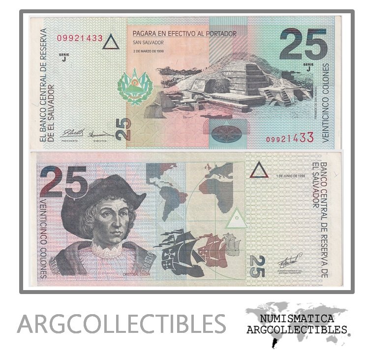 El Salvador Billete 25 Colones 1998 P-149b XF+ (Serie J)