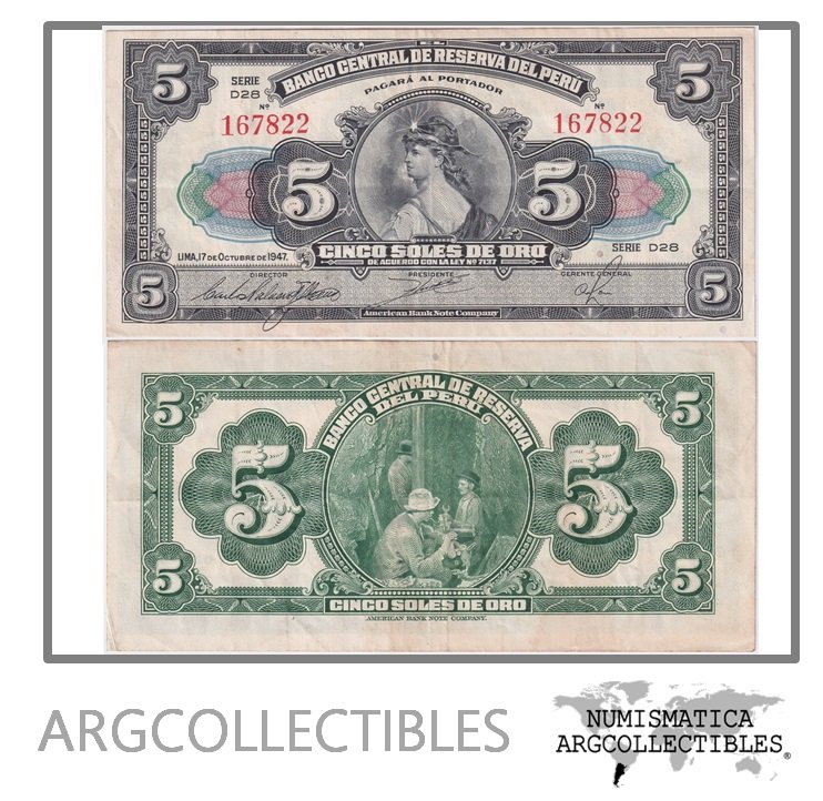 Peru Billete 5 Soles de Oro 1947 P-66a VF+