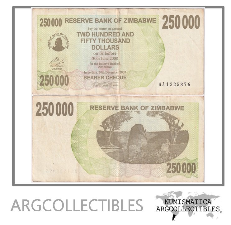 Zimbabwe Billete 250.000 Dolares 2007 P-50 VF+