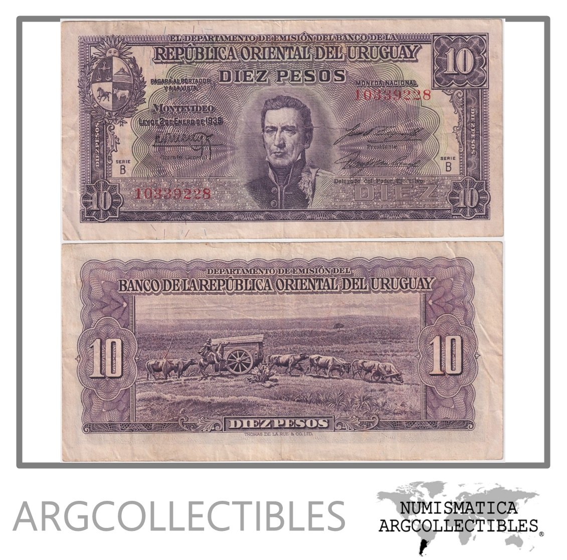Uruguay Billete 10 Pesos 1939 P-37b/CR-10.V.13 VF+ (Serie B)