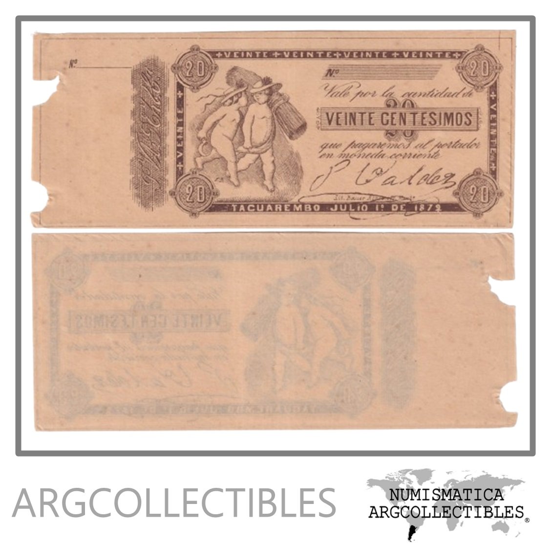 Uruguay Billete 20 Centesimos 1879 Vale Valdez Tacuarembo AU