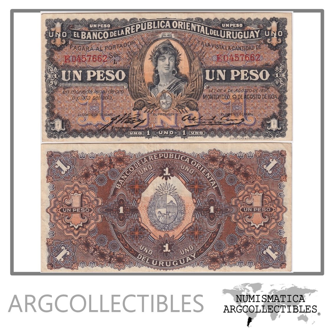 Uruguay Billete 1 Peso 1934 P-21/CR-8.III XF (Serie E)