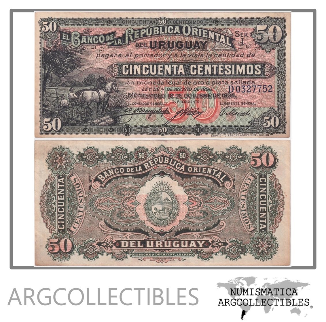 Uruguay Billete 50 Centesimos 1934 P-20a/CR-8.II.1 XF- (Serie D)