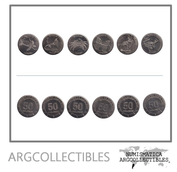 Costa Rica Set x 6 Monedas 50 Colones 2023 Laton Animales UNC