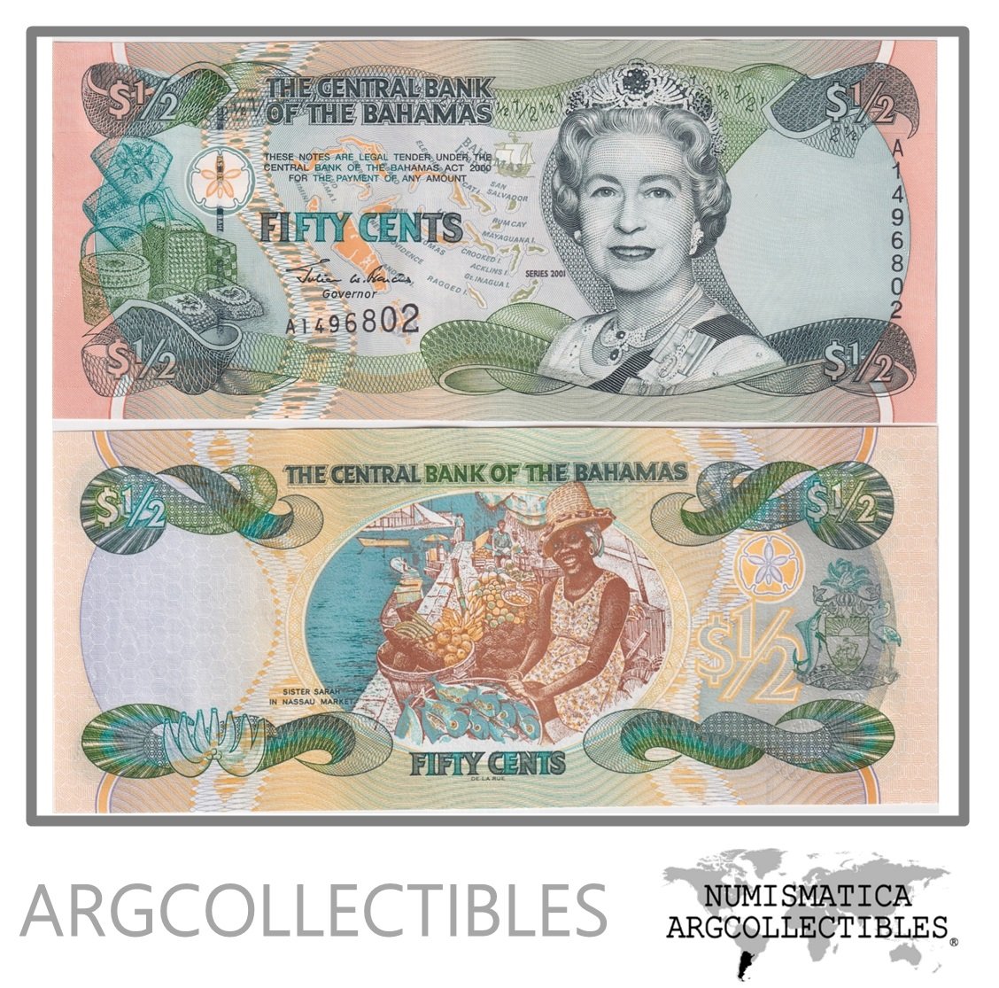 Bahamas Billete 1/2 Dolar 2001 P-68 UNC
