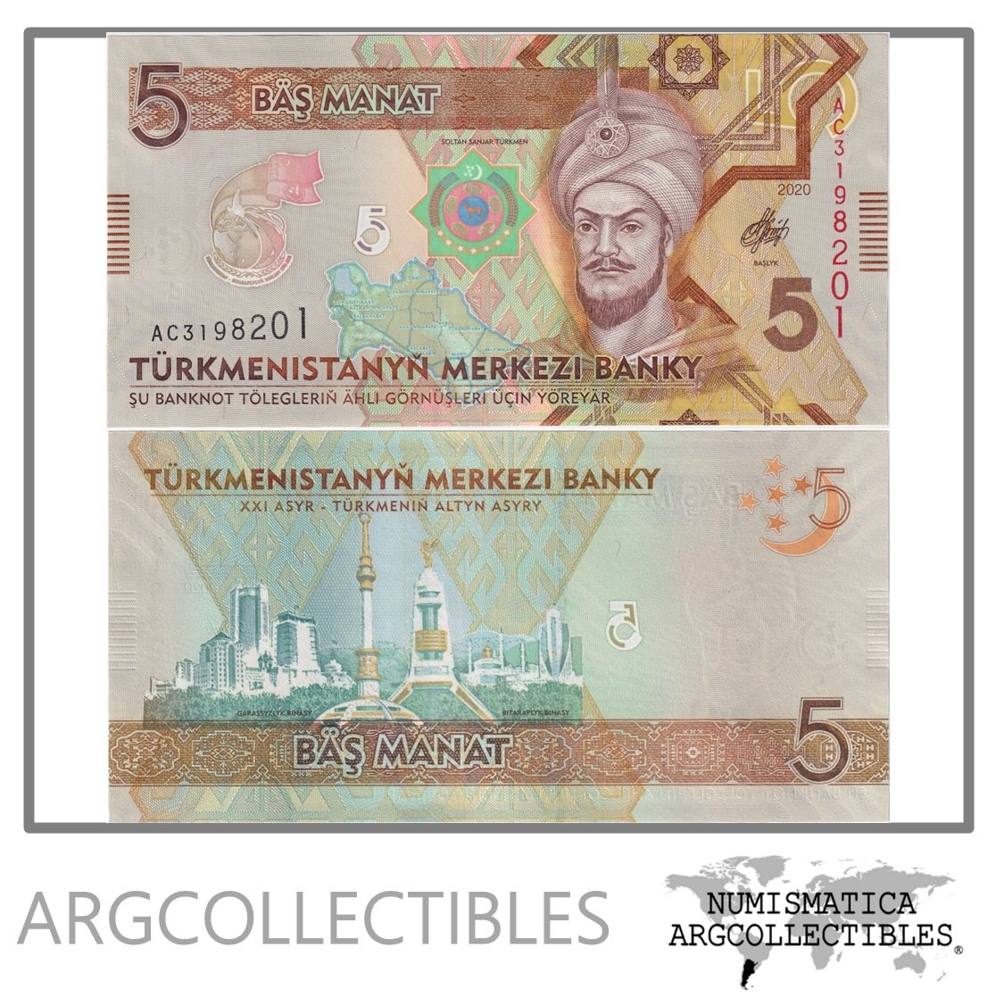 Turkmenistan Billete 5 Manat 2020 P-43 UNC (25 Aniversario)