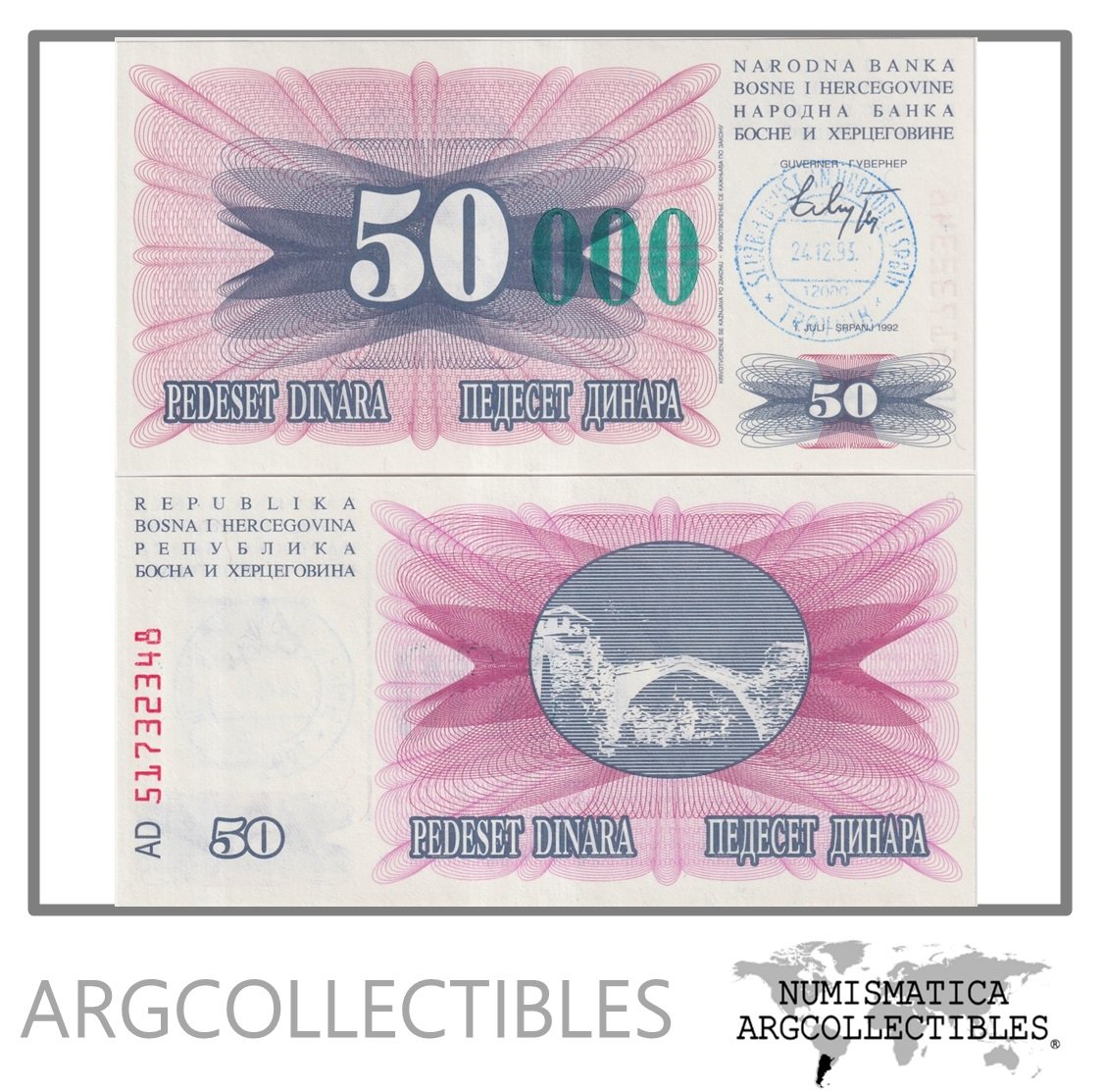Bosnia Y Herzegovina Billete 50.000 Dinara 1993 P-55c UNC (Travnik)