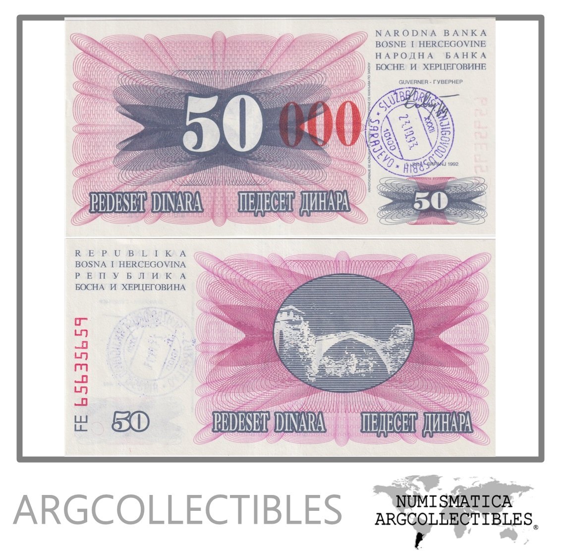 Bosnia Y Herzegovina Billete 50.000 Dinara 1993 P-55h UNC (Sarajevo)