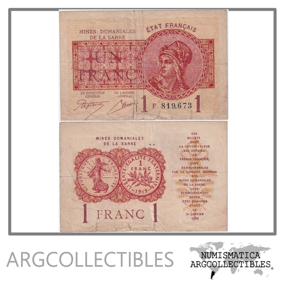 Sarre Billete 1 Franco 1919 P-2 F+