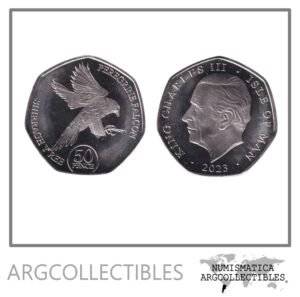 Isla de Man Moneda 50 Pence 2023 Alcon Rey Carlos III Cuproniquel UNC