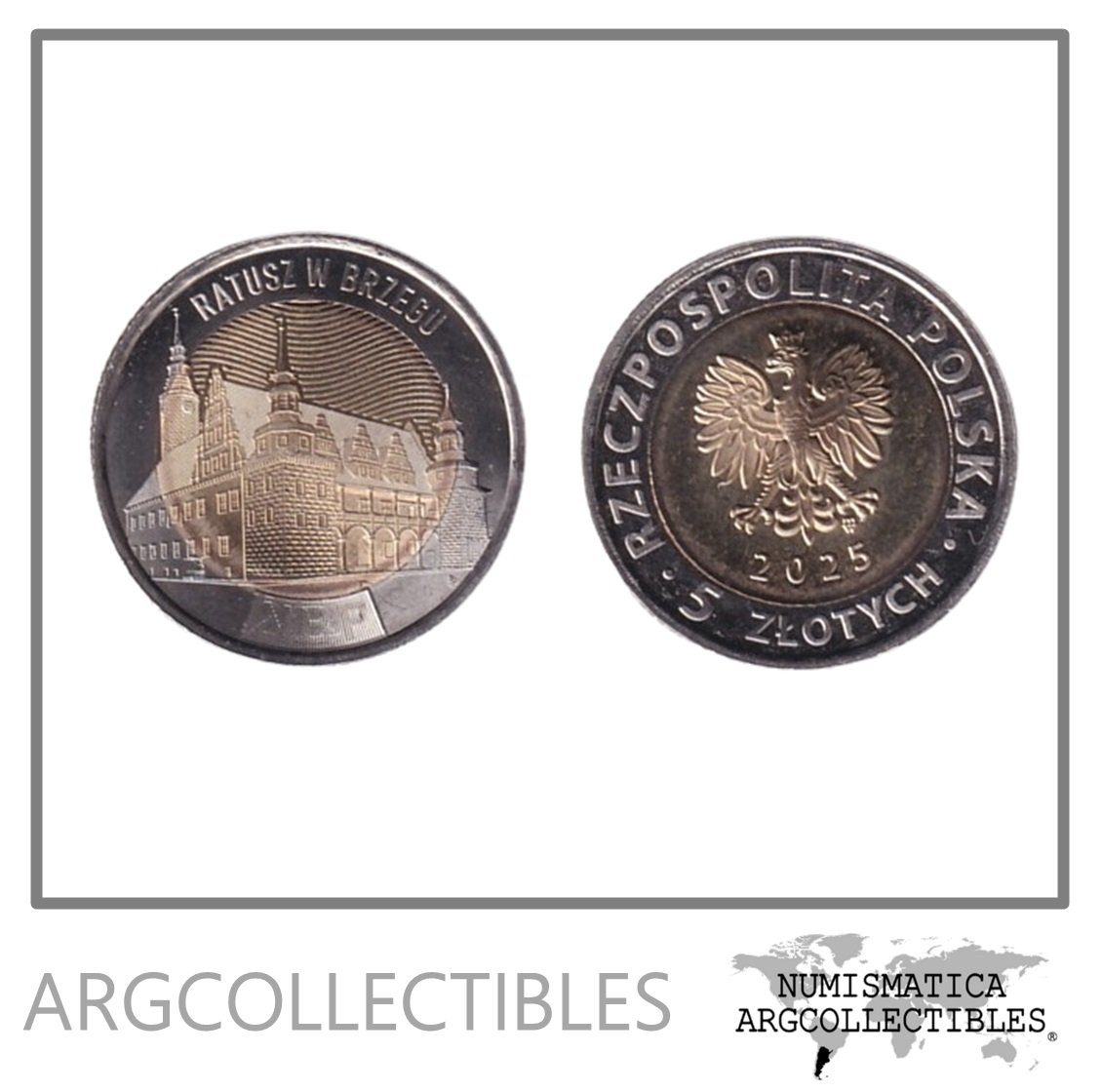 Polonia Moneda 5 Zlotich 2025 Bimetalica Ciudad Brzeg Town Hall UNC