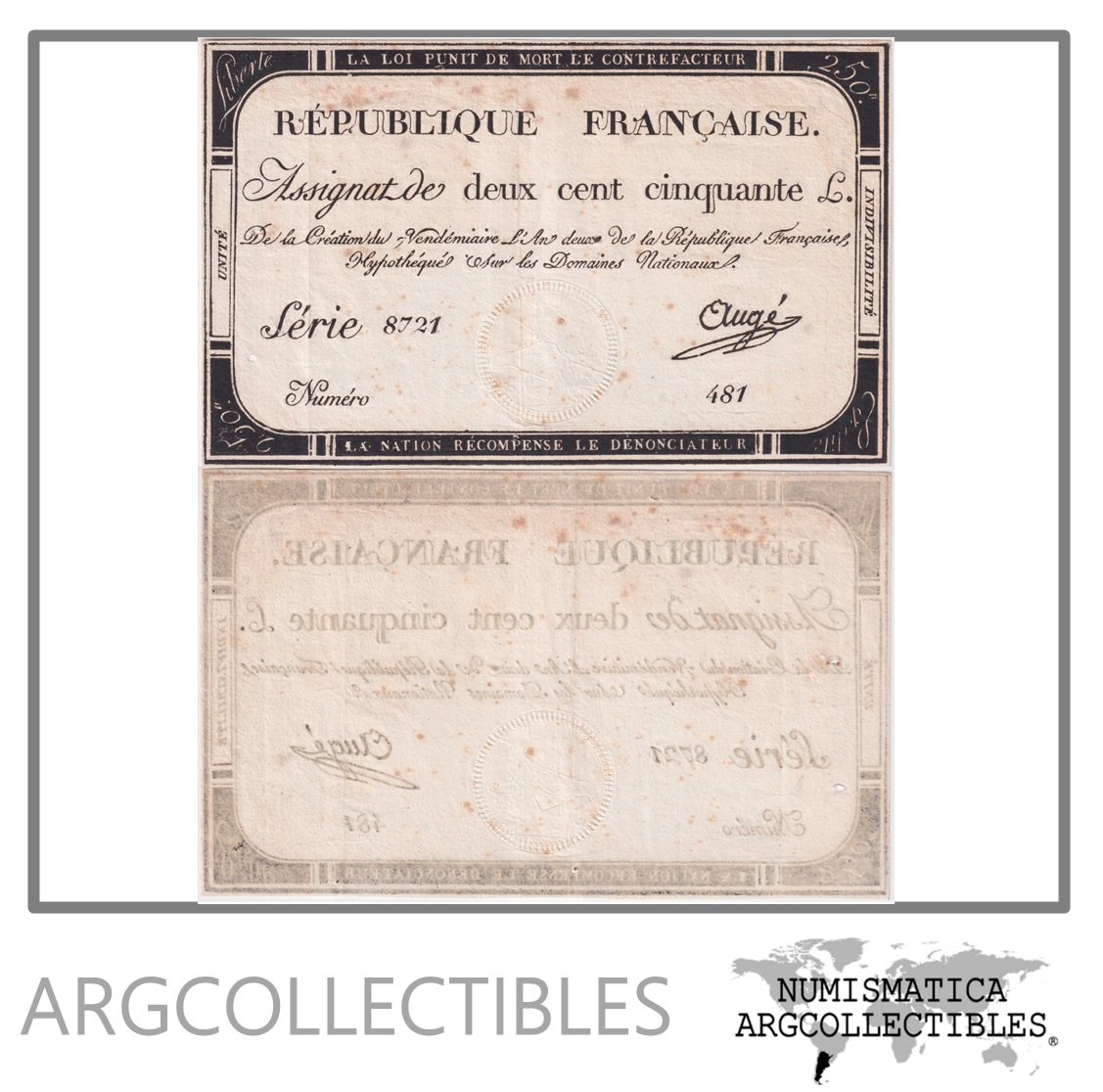 Francia Billete 250 Livres 1793 P-A75 XF (2 Huecos)
