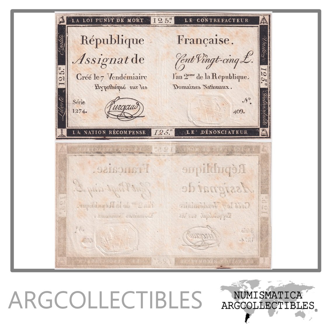 Francia Billete 125 Livres 1793 P-A74 AU