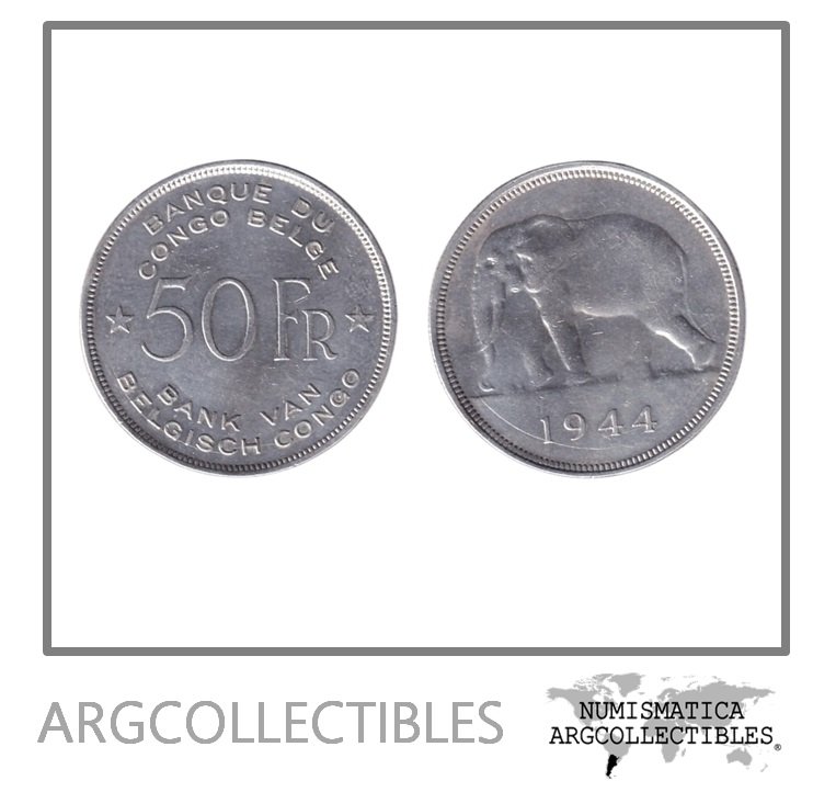 Congo Belga Moneda 50 Francos 1944 Elefante Plata 500 KM-27 AU