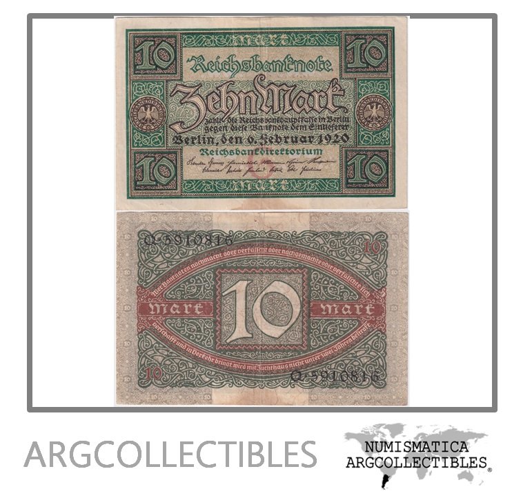 Alemania Billete 10 Marcos 1920 P-67b VF+