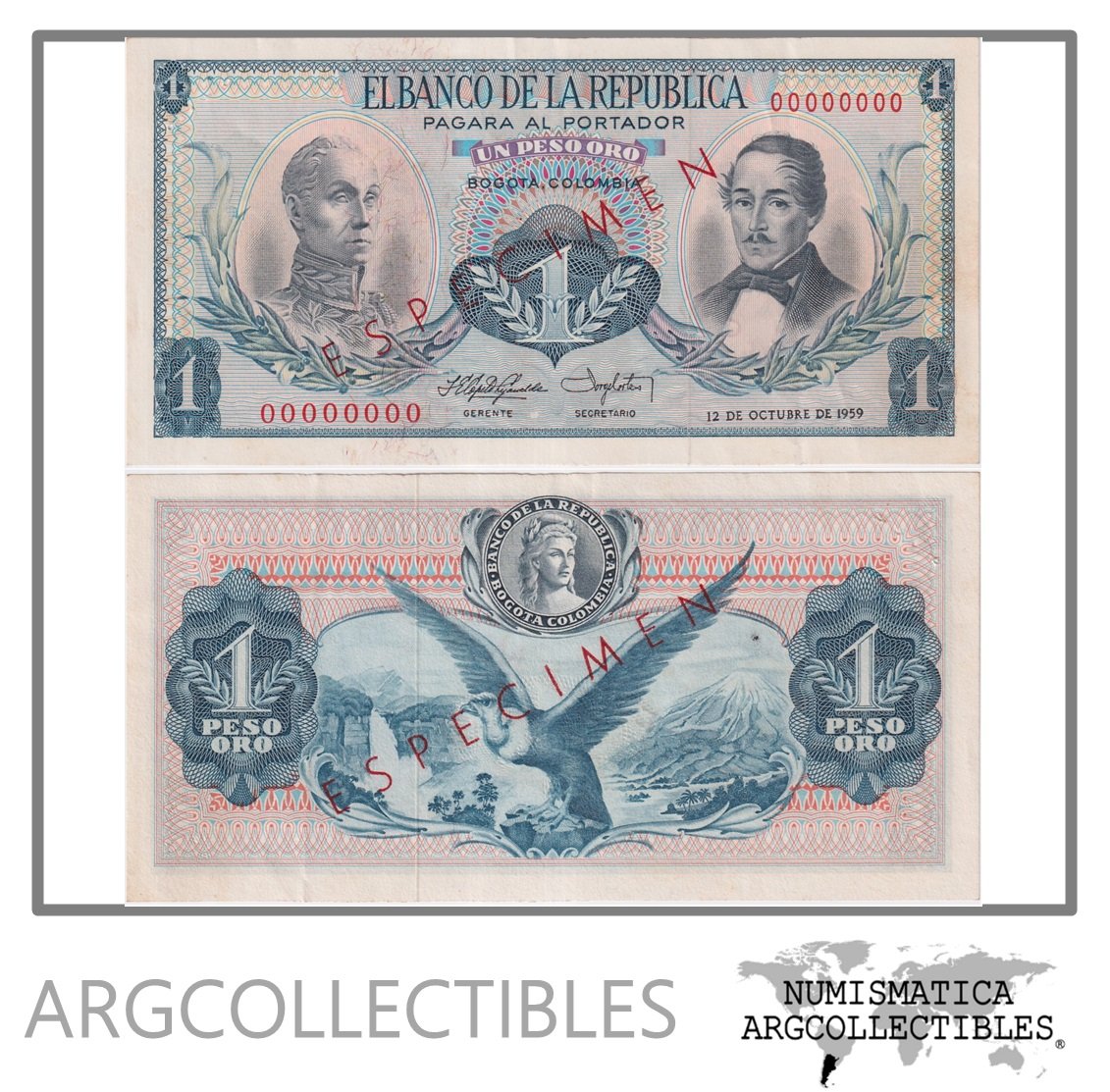 Colombia Billete 1 Pesos 1959 P-404s AU (Pin Hole)