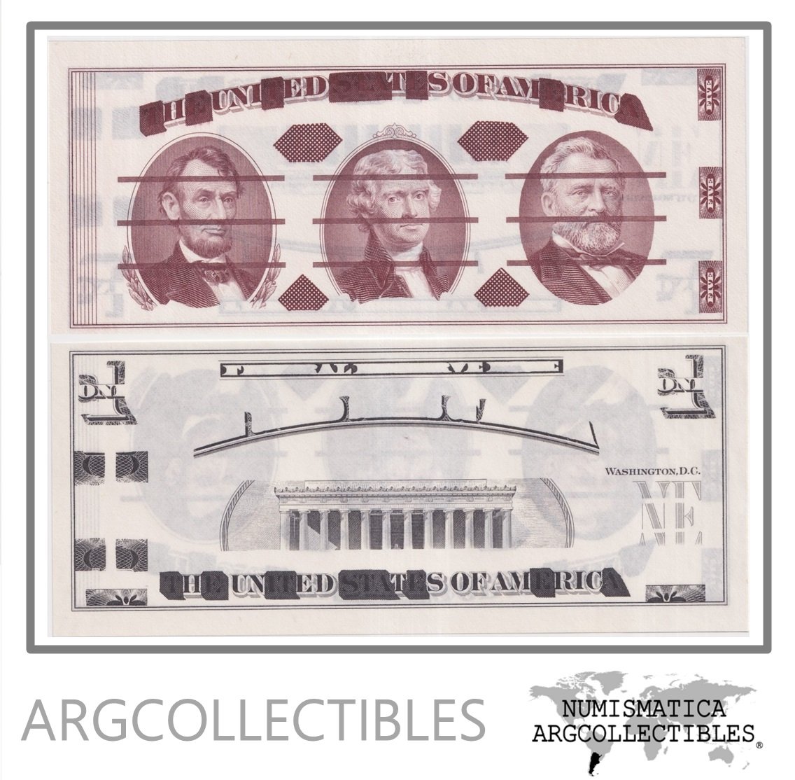 Estados Unidos USA Billete 1 y 5 Dolares 1970 Prueba Impresion GIORI UNC (Test Note)