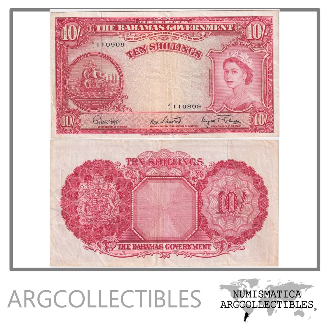 Bahamas Billete 10 Shillings 1953 P-14d VF+